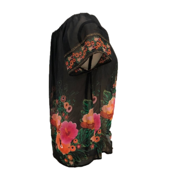 Anthropologie FEI Hibiscus Floral Pattern Sheer Silk Black Peasant Blouse M - Picture 7 of 11